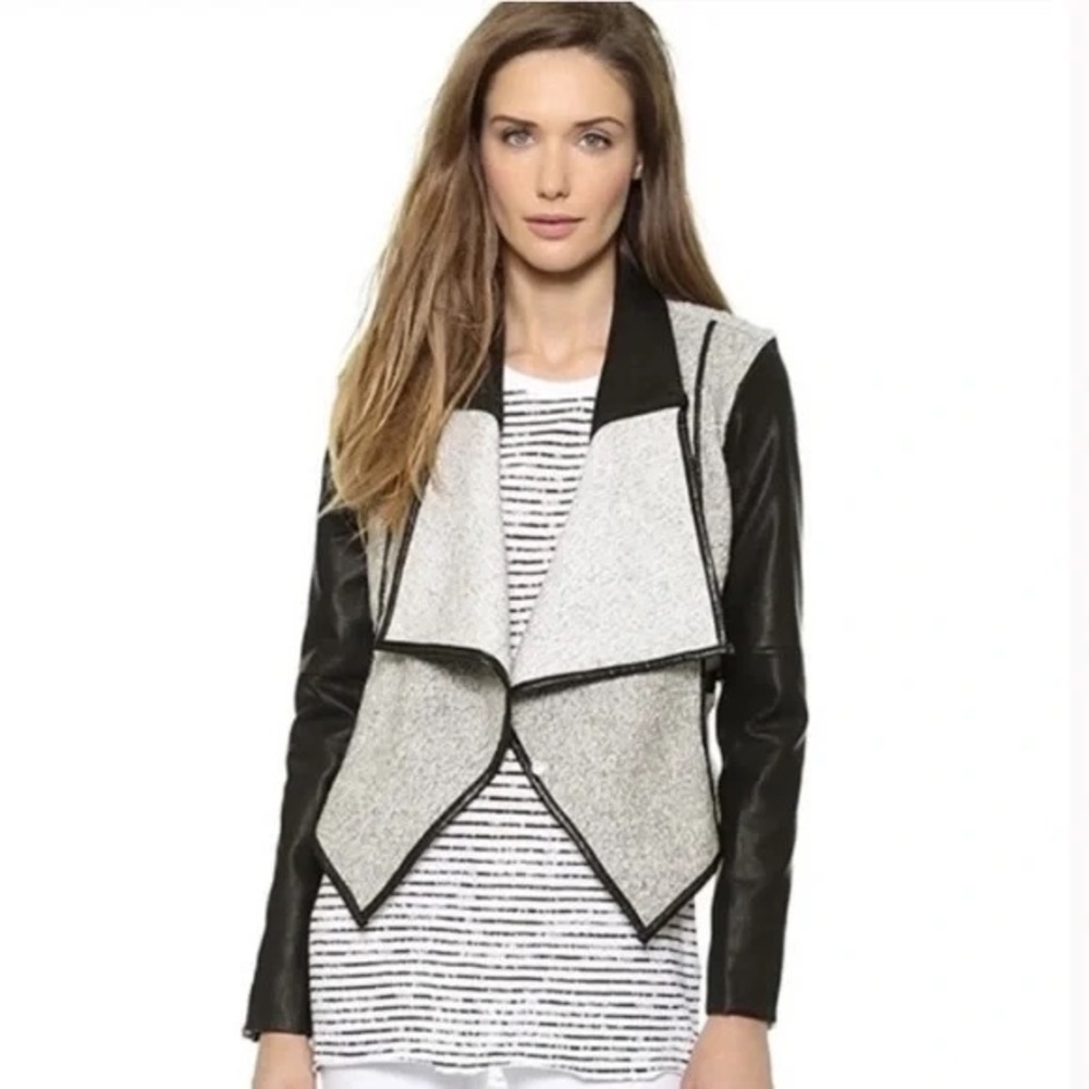 Blank NYC Gray Wool and Black Vegan Leather Draped Front Moto Jacket SZ Small